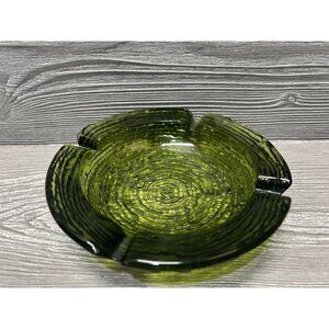 Vintage Anchor Hocking Olive Green Avocado Glass Ashtray MCM Heavy Rippled